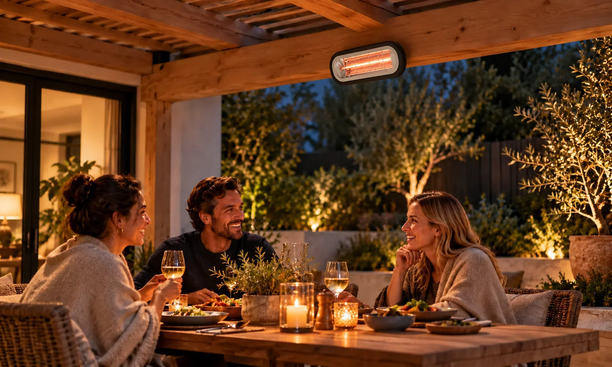 Zwarte MIAMI 2000 W hangt onder een houten pergola boven een eettafel.