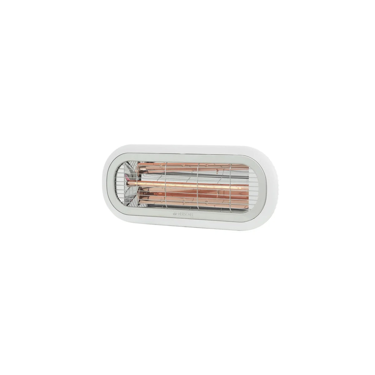 Detail van de witte Herschel MIAMI 2000 W infrarood terrasverwarmer met lamp en reflector