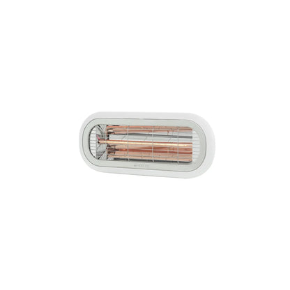 Detail van de witte Herschel MIAMI 2000 W infrarood terrasverwarmer met lamp en reflector