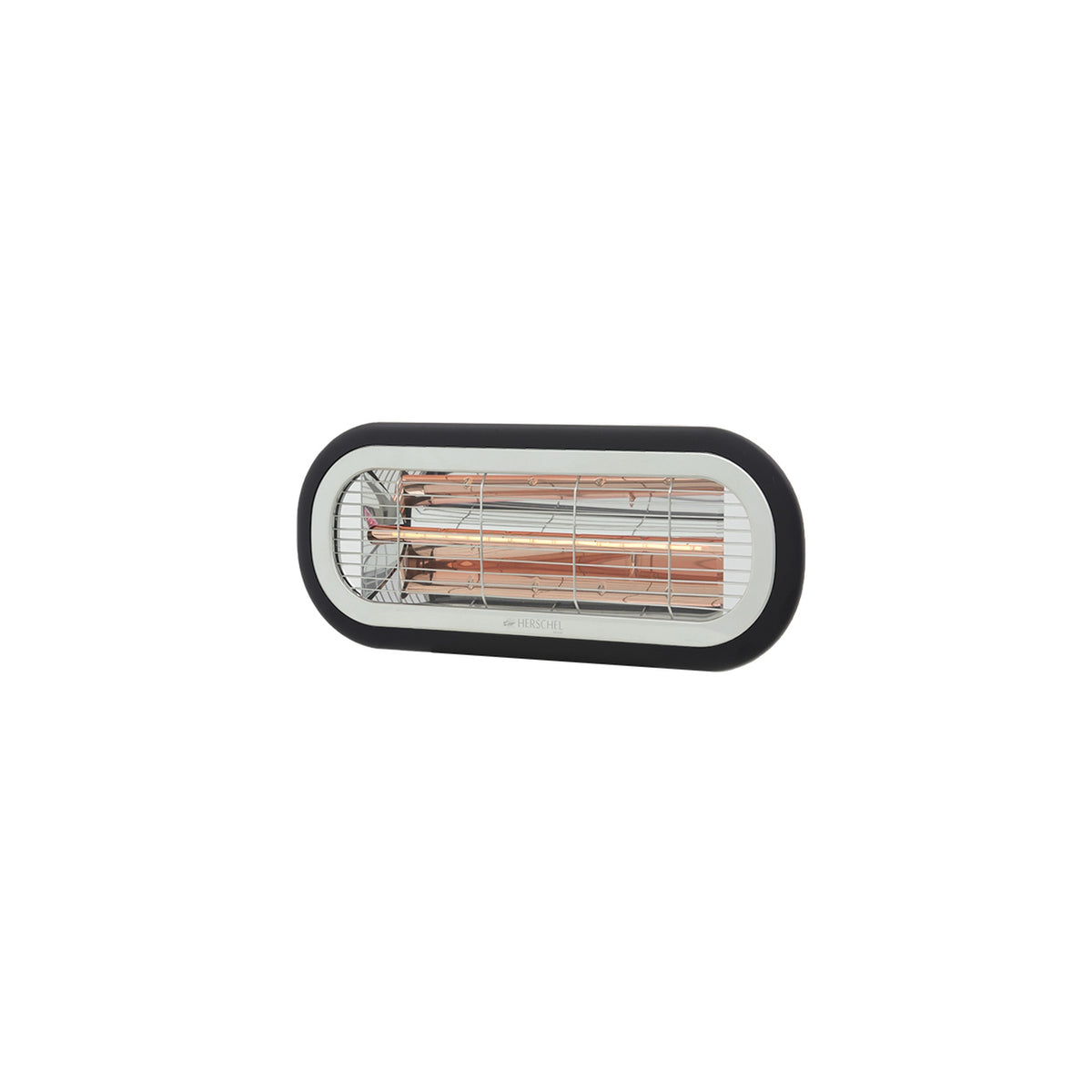 Detail van de zwarte Herschel MIAMI 2000 W infrarood terrasverwarmer met lamp en reflector