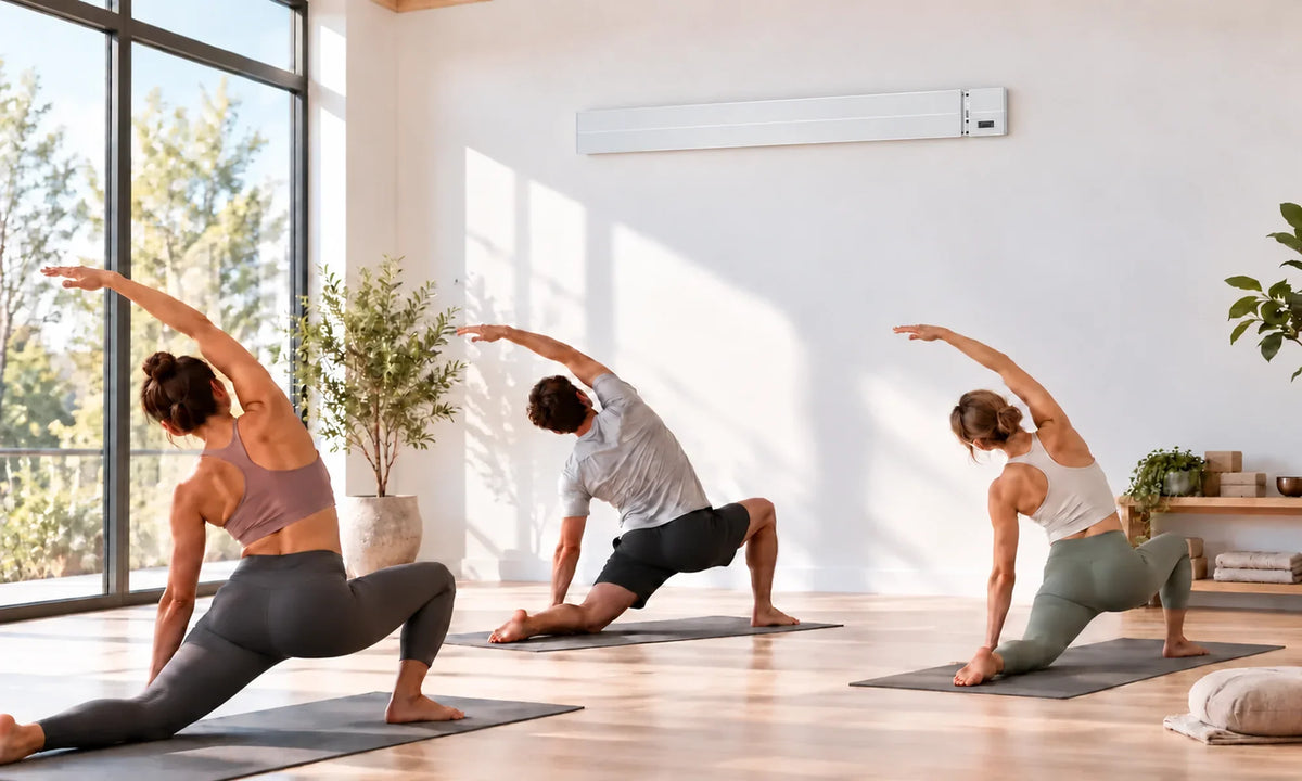 Witte Herschel SUMMIT 2600 W infraroodstraler hoog aan de muur in een yogastudio