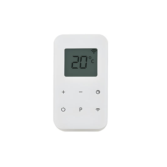 Wit Herschel T-PL wifi thermostaat met digitaal display ingesteld op 20 graden