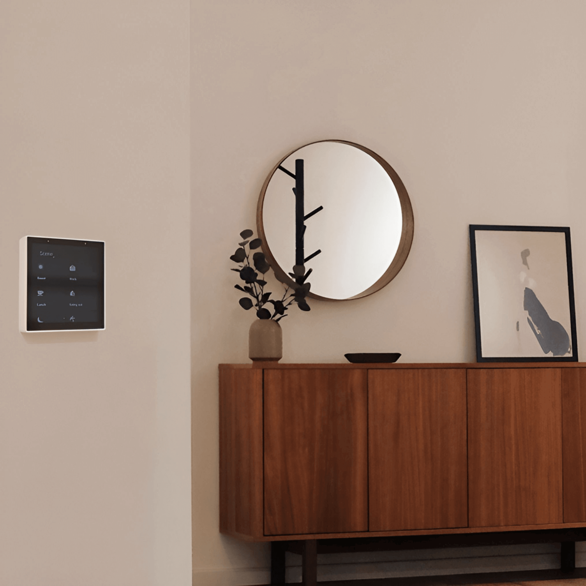 slimme wandthermostaat gemonteerd aan de muur in een woonkamer boven een houten kast